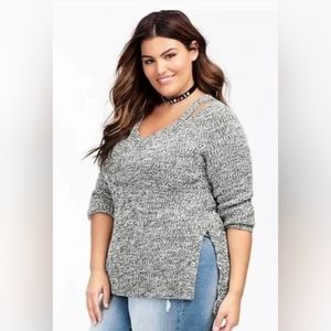 Torrid Marled Black & White Knit Split Neck Sweater Size 0